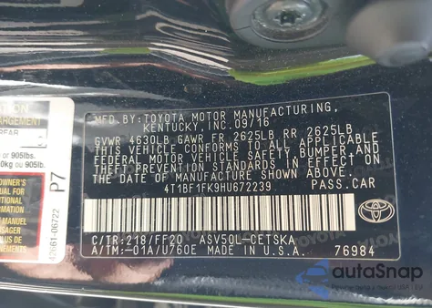 2017 Toyota Camry Se z USA, uszkodzony, nr VIN 4T1BF1FK9HU672239